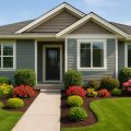 A modern suburban house with a well-kept front yard, colorful flowers, and a clean walkway leading to the front door.