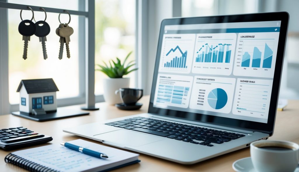 Real estate agents discussing a chart showing property market timelines in a bright office.
