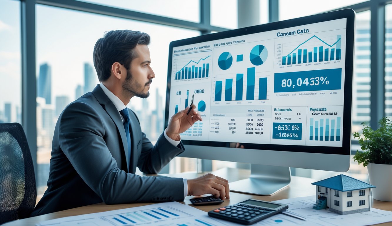 A business professional in an office analyzing real estate financial data on a computer screen with charts and a small building model on the desk.