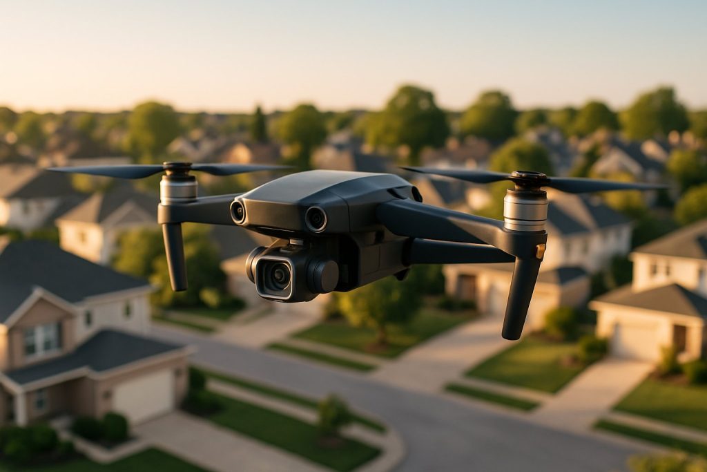 A drone flying over a suburban neighborhood with houses and trees under a clear sky.
