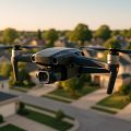 A drone flying over a suburban neighborhood with houses and trees under a clear sky.