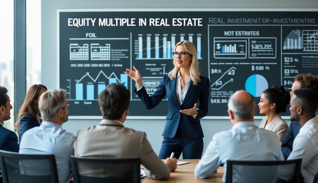 A blonde women in a business suit wearing glasses standing in front of a chalk board explaining equity multiple in real estate to a group of investors.