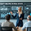 A blonde women in a business suit wearing glasses standing in front of a chalk board explaining equity multiple in real estate to a group of investors.