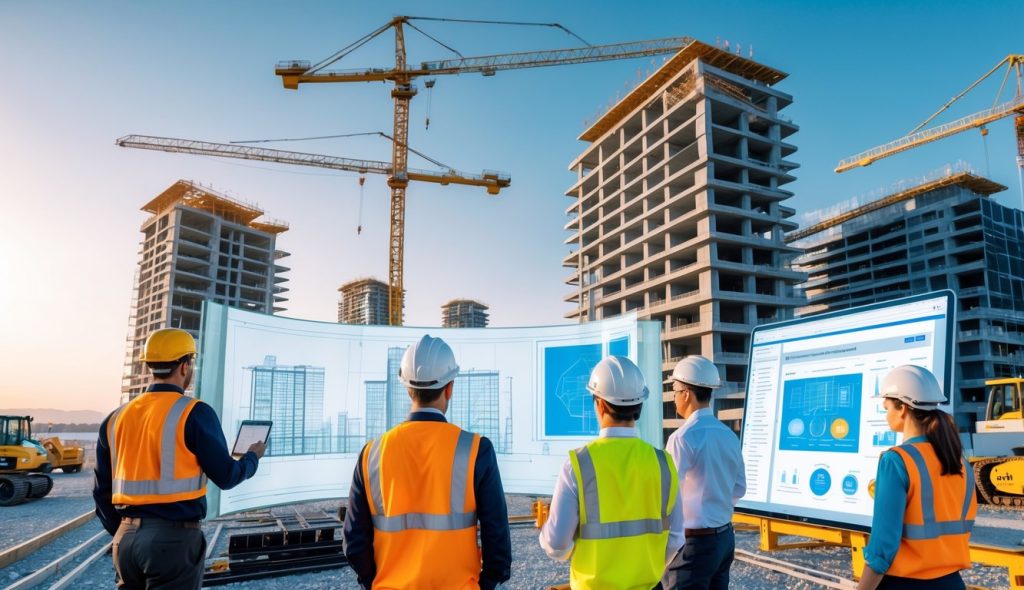 Construction site with cranes and partially built hotel buildings, engineers reviewing digital blueprints using tablets and holographic screens.
