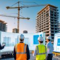 Construction site with cranes and partially built hotel buildings, engineers reviewing digital blueprints using tablets and holographic screens.