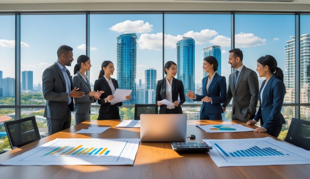 Business professionals discussing real estate investment with blueprints and financial charts in an office overlooking a city skyline.