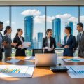 Business professionals discussing real estate investment with blueprints and financial charts in an office overlooking a city skyline.