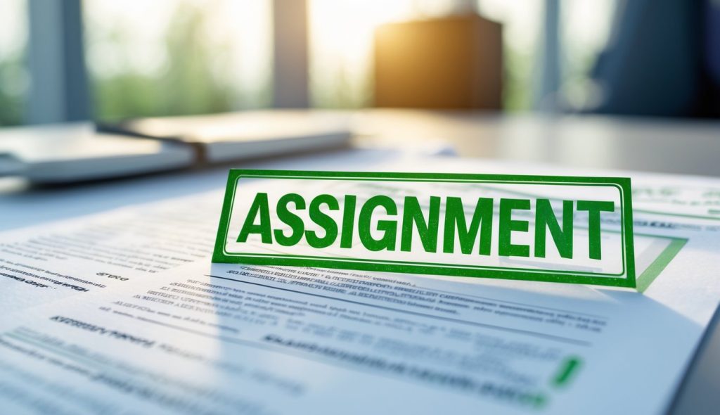 A lease document stamped with the word Assignment in green to signify landlord approval for a commercial lease assignment to a new tenant.