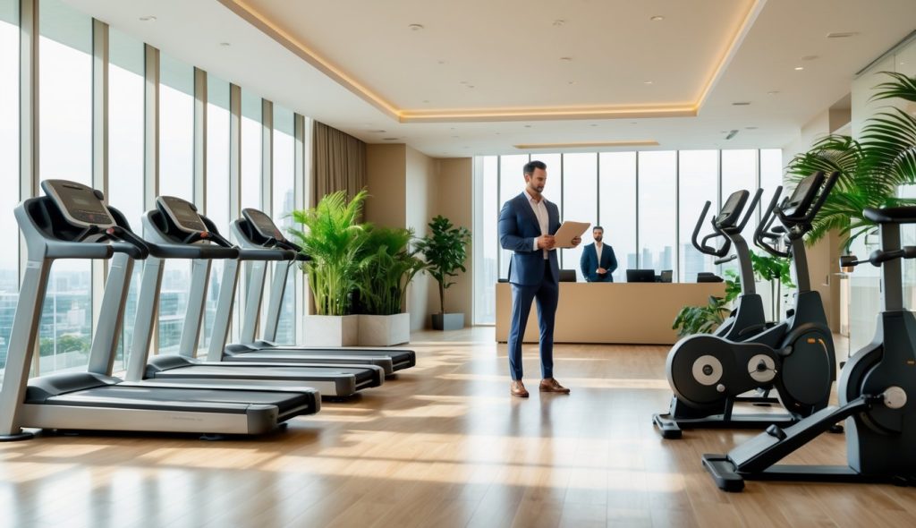 A modern luxury fitness studio with high-end exercise equipment and a businessperson reviewing documents near the reception area.