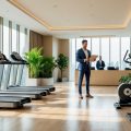 A modern luxury fitness studio with high-end exercise equipment and a businessperson reviewing documents near the reception area.