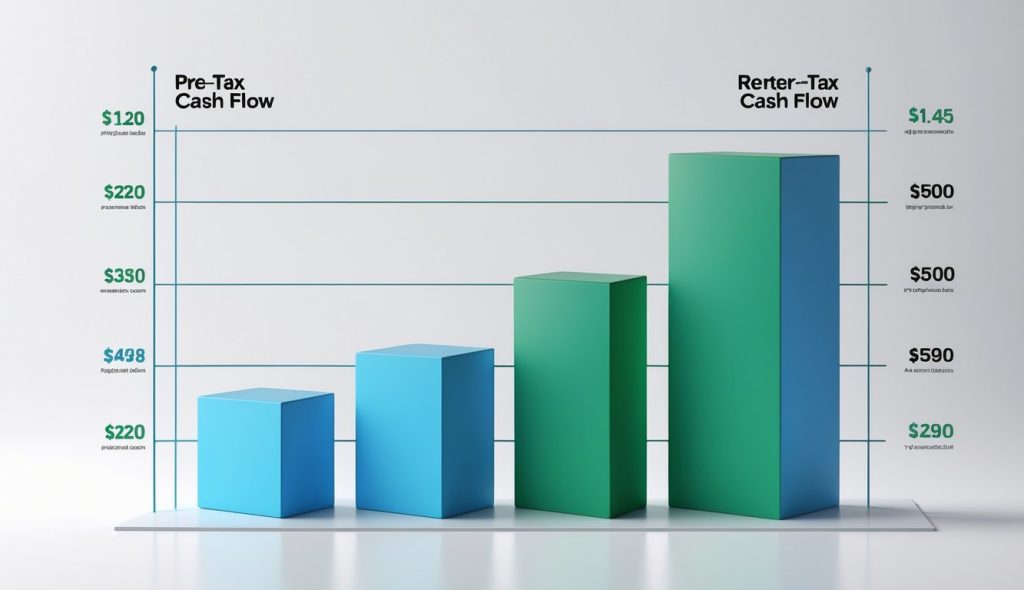 A bar graph with two bars symbolizing pre-tax cash flow and after-tax cash flow on a rental property.