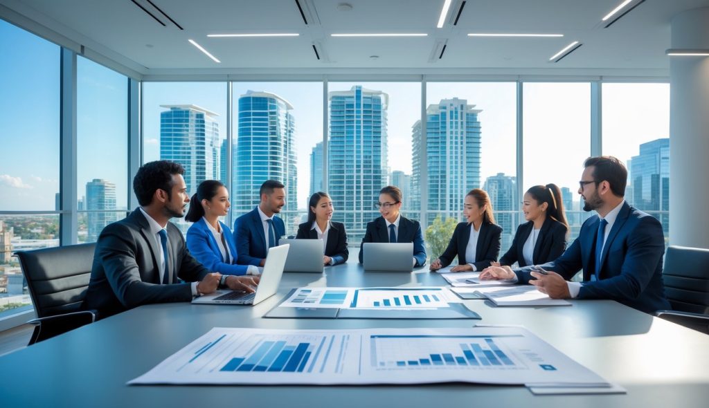 A group of business professionals in a meeting room discussing commercial real estate with laptops and documents on the table, with a city skyline visible through large windows.
