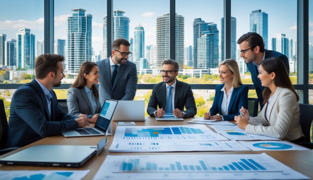 A group of business professionals in an office discussing real estate investment with documents and a city skyline visible through the windows.