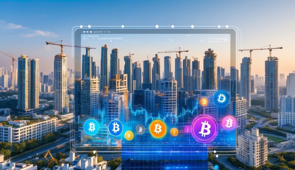 A city skyline with new buildings under construction and digital cryptocurrency symbols and market graphs overlaid in the foreground.
