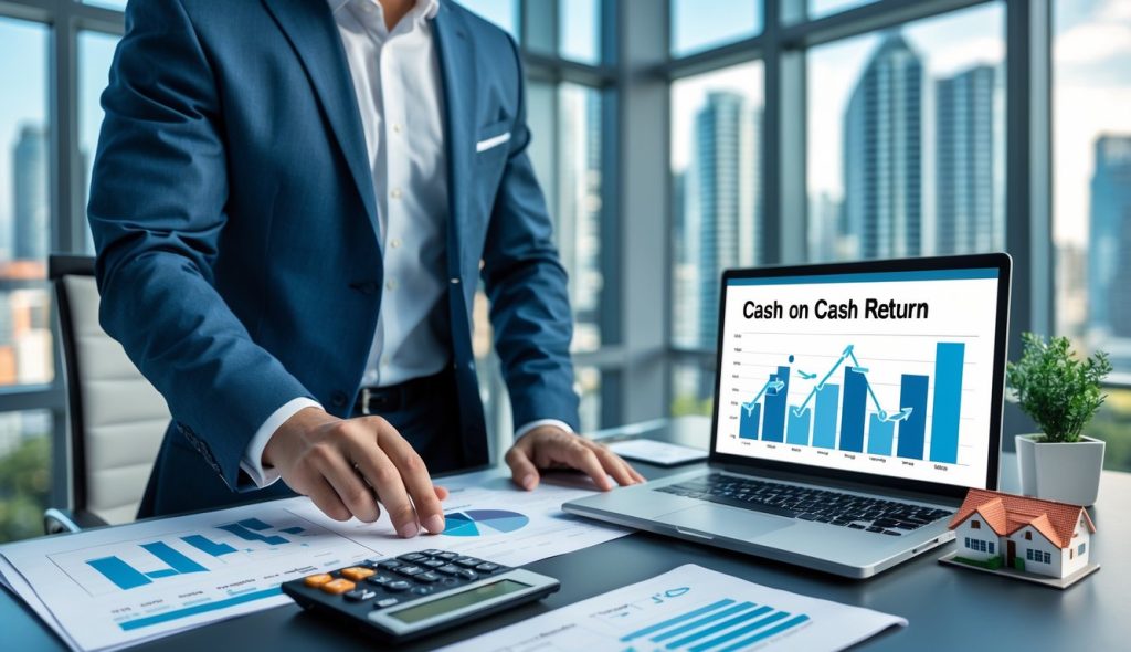 A businessperson reviewing financial documents and a laptop showing real estate investment charts in an office with a city view.