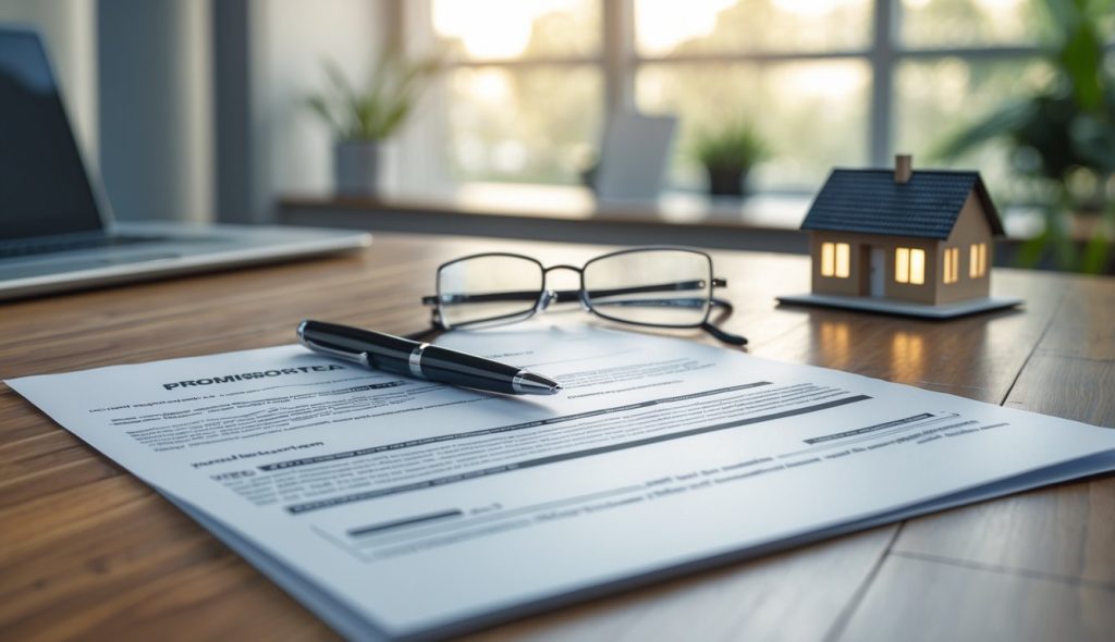 Close-up of a real estate document on a desk with a pen, reading glasses, and a small model house nearby.