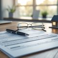 Close-up of a real estate document on a desk with a pen, reading glasses, and a small model house nearby.
