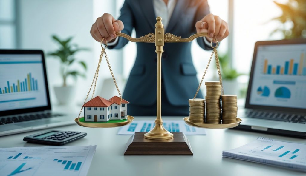 A scale balancing risk and reward for a real estate investment analysis