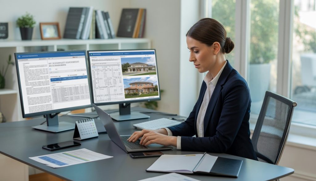A professional woman working at a desk with computers and paperwork in a modern office.