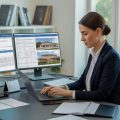 A professional woman working at a desk with computers and paperwork in a modern office.