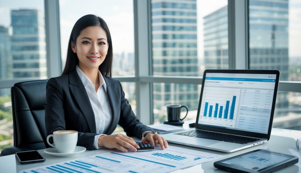 Business professionals collaborating in a modern office with city skyline visible through large windows, discussing real estate investment plans.