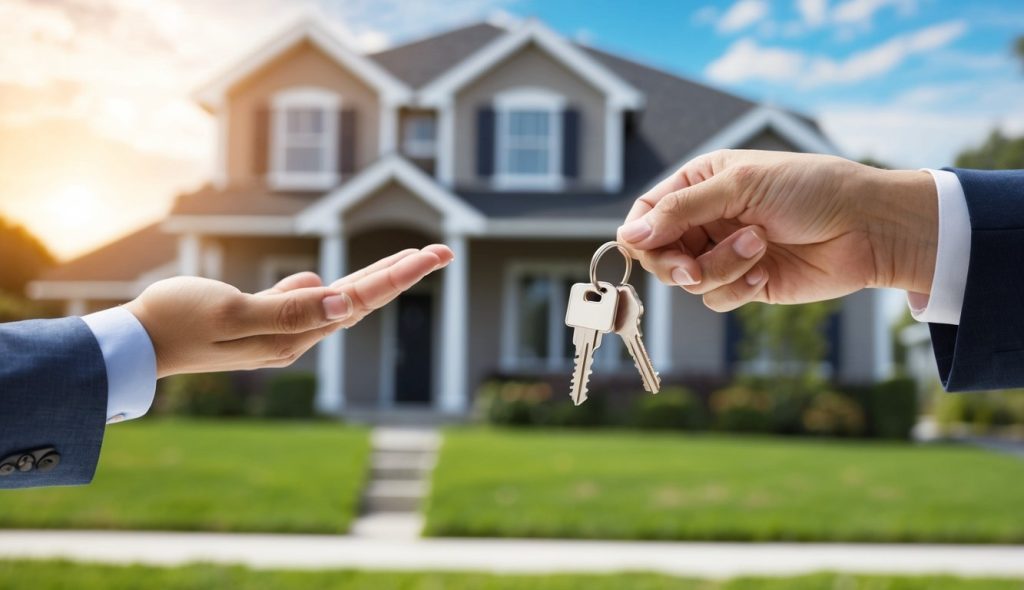 A seller handing over a set of keys to a buyer in front of a real estate property