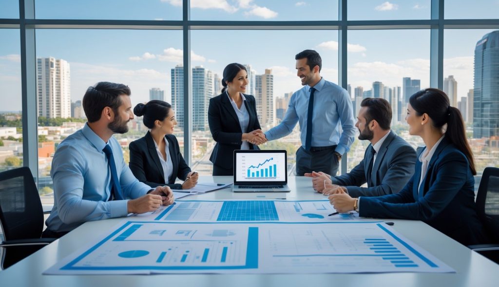 Business professionals having a meeting in a modern office with blueprints and laptops, city buildings visible through large windows.