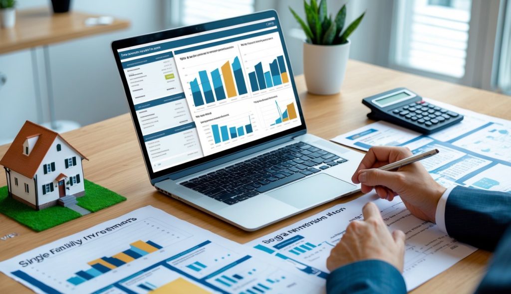 Hands pointing at a laptop displaying financial charts on a desk with property documents, a house model, and a calculator.