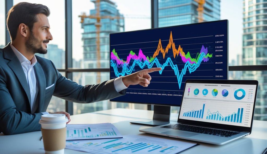 A real estate investors researching housing market data using two computers in his office.