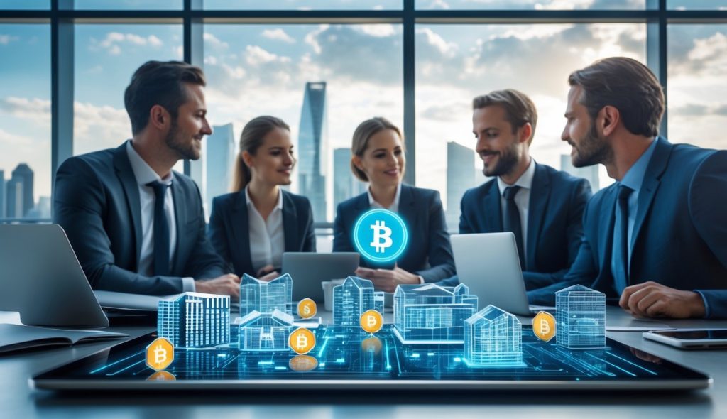 Business professionals discussing real estate investment with digital devices showing property models and blockchain tokens in a modern office.