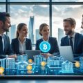 Business professionals discussing real estate investment with digital devices showing property models and blockchain tokens in a modern office.