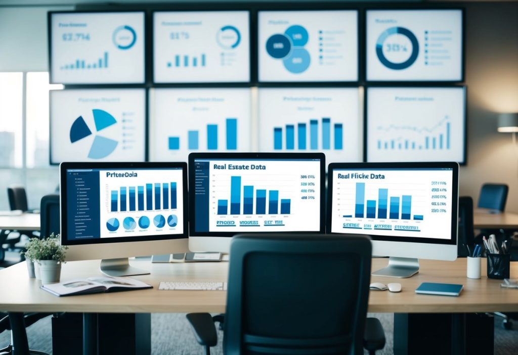 A modern office with computer screens displaying real estate data, surrounded by charts and graphs