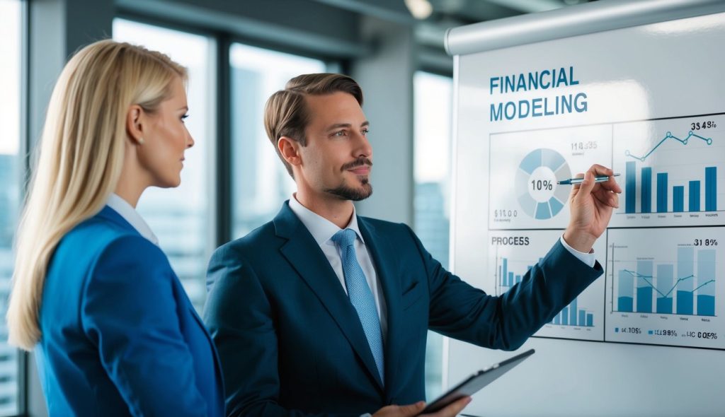A pretty blond female real estate investor and a handsome male real estate investor standing in front of a white board with numbers written on it. They are conducting a presentation for financial modeling for real estate investment.