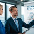 A pretty blond female real estate investor and a handsome male real estate investor standing in front of a white board with numbers written on it. They are conducting a presentation for financial modeling for real estate investment.