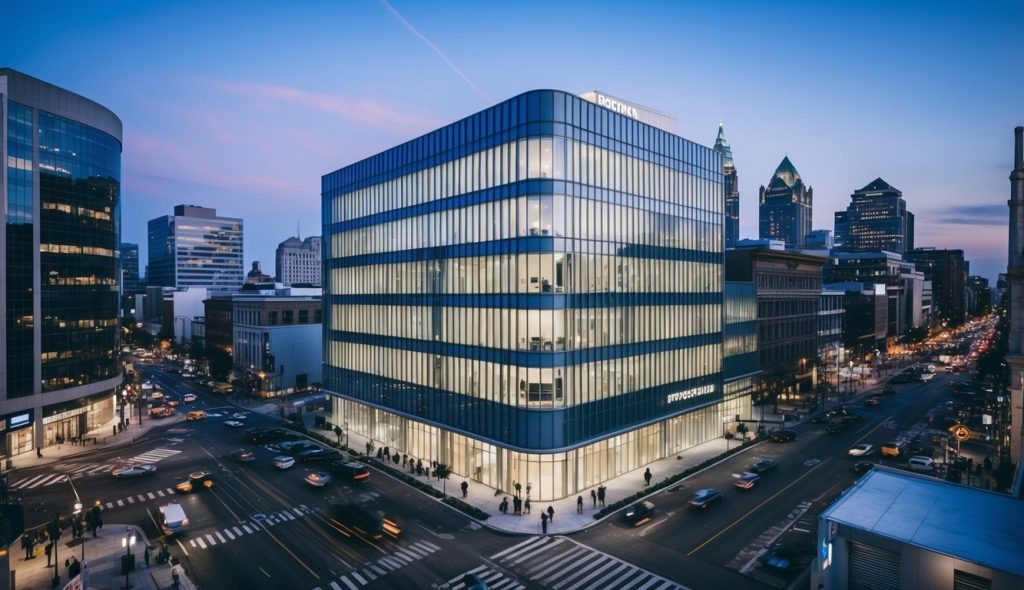 An office building with a sleek, modern design, surrounded by bustling city streets and filled with professionals going about their business