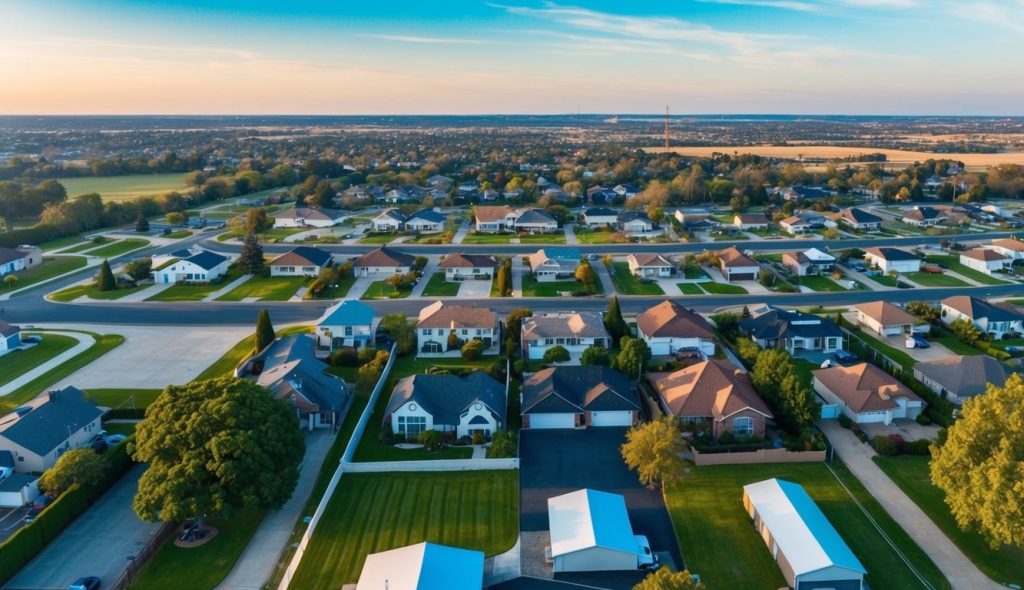 An aerial view of a suburban neighborhood with various types of houses, green spaces, and infrastructure