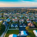 An aerial view of a suburban neighborhood with various types of houses, green spaces, and infrastructure
