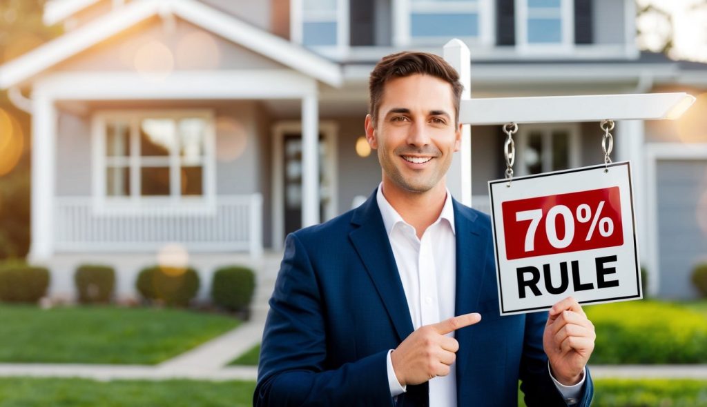 A real estate agent showing a property with a "70% rule" sign in the background