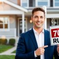A real estate agent showing a property with a "70% rule" sign in the background
