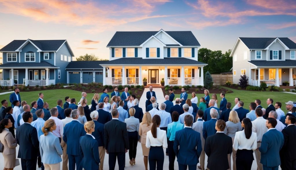 A large group of houses, with one standout property, surrounded by a crowd of potential buyers and real estate agents