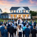 A large group of houses, with one standout property, surrounded by a crowd of potential buyers and real estate agents