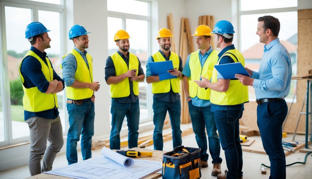 A group of contractors being interviewed by a homeowner at a construction site for a flip project. Blueprints and tools are scattered around the area
