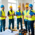 A group of contractors being interviewed by a homeowner at a construction site for a flip project. Blueprints and tools are scattered around the area