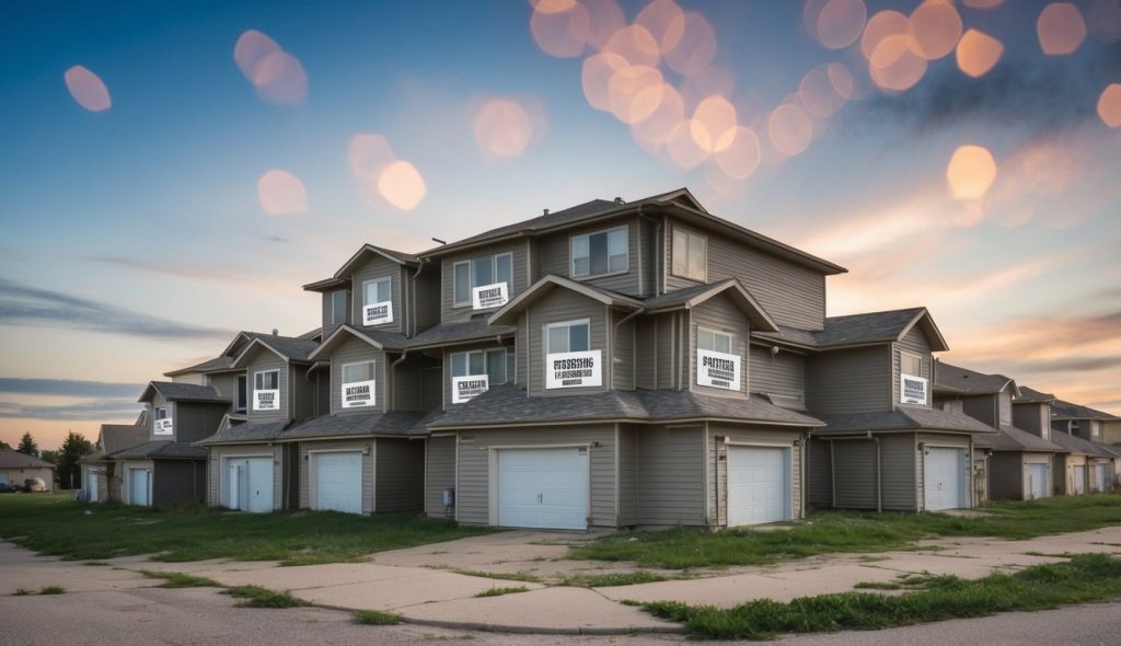 A pile of abandoned properties with foreclosure notices posted on their doors