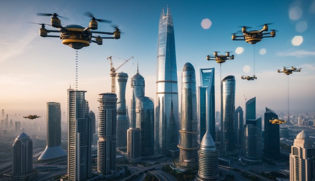 Construction bots assembling a futuristic city skyline with towering skyscrapers and flying vehicles