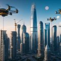 Construction bots assembling a futuristic city skyline with towering skyscrapers and flying vehicles