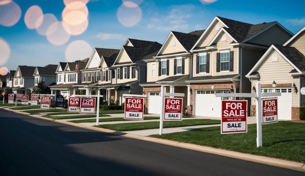 A group of houses lined up in a suburban neighborhood, with "For Sale" signs displayed in front of each property