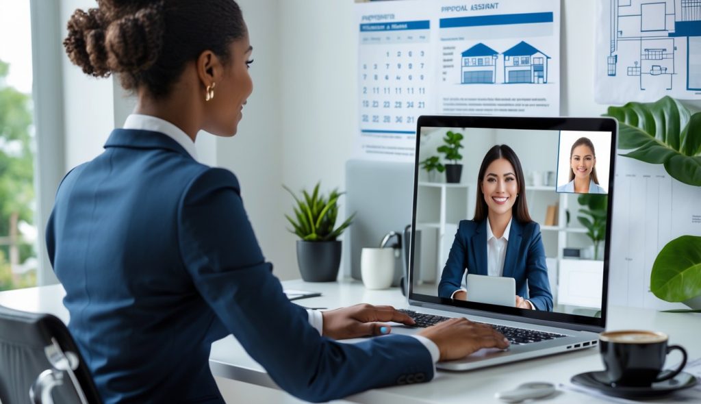 A person sitting at a desk using a laptop to video call a virtual assistant in a modern home office with property management tools visible.