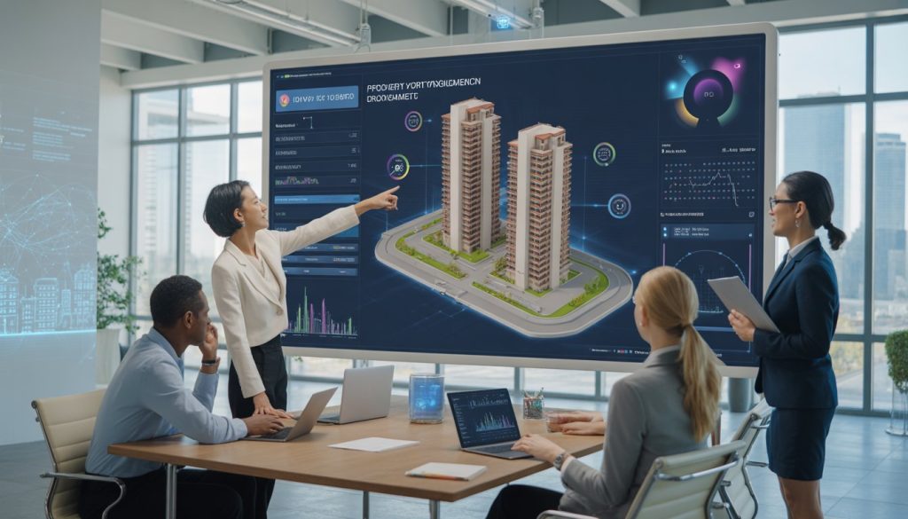 A group of professionals in a modern office collaborating around a digital touchscreen showing a 3D building model and data charts related to property management.