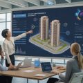 A group of professionals in a modern office collaborating around a digital touchscreen showing a 3D building model and data charts related to property management.